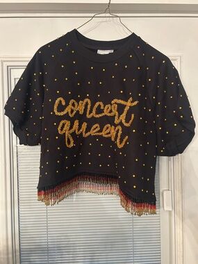 QUEEN OF SPARKLES Black Top with Gold Beading and Fringe